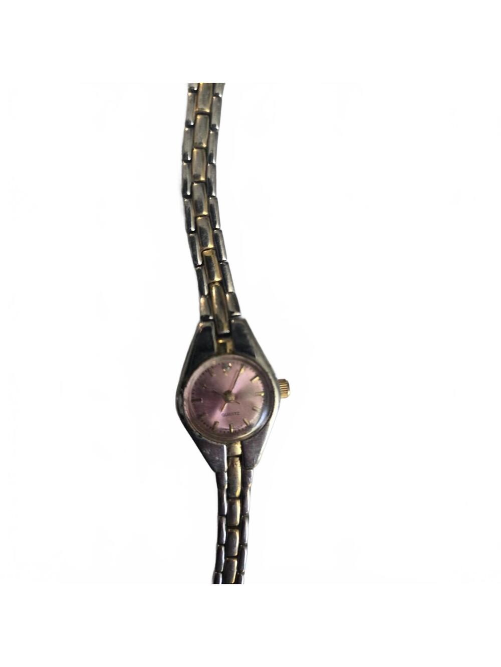 Wristwatch Silver & Gold Toned Link Band Round Pink Face Elegant